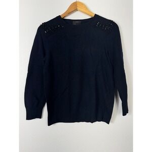 J Crew Womens Dark Blue Embellished Sweater Wool Cashmere Blend Minimalist Sz M